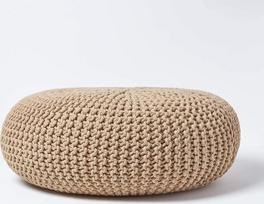 "Homescapes Pouf" Megztas "Pouf" apvali grindų pagalvėlė, sėdimoji pagalvėlė 70 x 23 cm, paminkštinta pagalvėlė, pagalvėlė su stambiu megztu užvalkalu, pagaminta iš 100 % medvilnės, smėlio / kreminės spalvos, balta