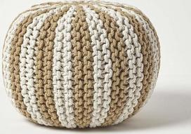 "Homescapes Pouf", lininis baltas dryžuotas megztas pufas, apvali grindų pagalvėlė 35 x 40 cm, dekoratyvinis pufas su stambiu megztu užvalkalu iš 100 % medvilnės, megztas pufas / megzta taburetė