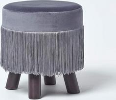 "Homescapes Warwick Velvet Footstool", pilka pufas su kutais, apvali dekoratyvinė taburetė su medinėmis kojomis, madingo retro stiliaus, 35 cm aukščio, sidabriškai pilka