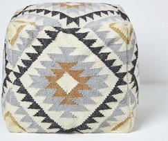 "Homescapes" Boho Pouf Juoda ir auksinė raštuota Kilim Footstool Agra Spalvinga grindų pagalvėlė gyvenamajam kambariui Miegamasis Retro Vilna Medvilnė Retro stilius 43x43x43cm