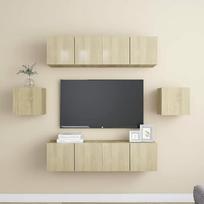 "Homgoday" televizoriaus rinkinys 6 dalių Sonoma ąžuolo medžio drožlių plokštės TV spintelė TV spintelė Kavos staliukas Svetainės staliukas TV stovas televizoriui Svetainės baldai