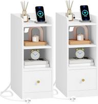 "Hzuaneri NS36503X" 2 siaurų šoninių staliukų rinkinys su įkrovimo funkcija, USB ir C tipo prievadais, naktiniai staliukai su 3 lygių laikymo erdve, 1 stalčius, skirti miegamajam, svetainei, baltos spalvos