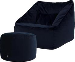 "Icon Natalia Bean Bag" kėdė su pufu suaugusiesiems, tamsiai mėlyna, pūkuotas aksomo audinys, milžiniškas aksomo pupelių maišas su užpildu, pupelių maišo kėdė, patogus fotelis svetainei, poilsio kambariui, miegamajam, biurui