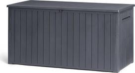 "Keter Southwood Garden Box 643L" - oro sąlygoms atspari sandėliavimo dėžė su dujiniu keltuvu, rakinama, medžio išvaizdos plastikinė, pilka, 146 x 74 x 70 cm