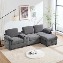 "L" formos sofa-lova su lovos dėže, didelė sofa su patogiu putplasčiu, modulinė sofa su miego funkcija, USB-C jungtimi, šonine kišene, daiktų laikymo stalčiumi, kilnojama daiktadėže, tamsiai pilka