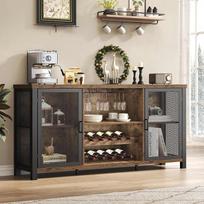 "Launica Sideboard" virtuvės spintelė su laikymo vieta Pramoninė vyno spintelė spiritiniams gėrimams su vyno lentyna Medinė metalinė baro spintelė namų virtuvės valgomajam Rustic Brown 140 cm