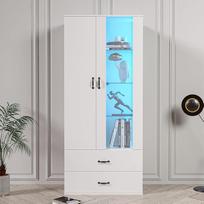 "Lexiou" 16 spalvų LED apšviesta vitrina, 2 durys, 2 stalčiai su stiklinėmis durelėmis, stovinti vitrina, balta LED vitrina, svetainės siena, bufeto spinta, aukšta lentyna, knygų lentyna