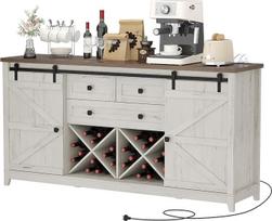 "Lifewit Country Style Sideboard", virtuvės spintelė su stumdomomis durimis, bufeto spintelė su 2 lizdais / 2 USB prievadais, vyno lentynomis, 3 stalčiais ir 2 spintelėmis su reguliuojama lentyna, kaimiška balta