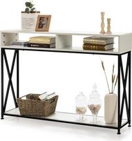 "LIFEZEAL Console Table", prieškambario staliukas su atviromis lentynomis ir lentyna, šoninio staliuko lentyna su tvirtu X rėmu, skirtas svetainei, prieškambariui (baltas)