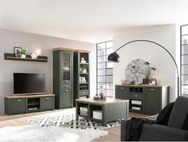 "Lomadox Country House Wall Unit" komplektas su staliuku ir kavos staliuku, angliškai žalias su Wotan ąžuolu, su apšvietimu
