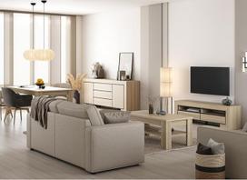 "Lomadox Home" baldų ir valgomojo kambario baldų komplektas, ąžuolo spalvos, modernus, su valgomojo stalu, staltiese ir kavos staliuku, 4 dalys