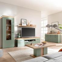 "Lomadox" 5 dalių svetainės komplektas su TV spinta ir vitrina su LED akcentiniu apšvietimu, žalias su ąžuolu - modernus