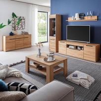 "Lomadox" namų baldų komplektas iš dalies iš ąžuolo masyvo, modernus 5 dalių - 1 komoda, 1 vitrina, 1 sieninė lenta, 1 žemoji lenta, 1 kavos staliukas, LED apšvietimas - medžio masyvas, natūrali mediena, faneruotė