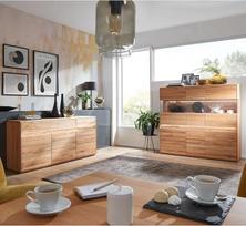 "Lomadox" namų baldų komplektas "Beech Heartwood Solid Oiled" su bufetu, aukštąja lenta ir LED apšvietimu, 2 dalys - tikra mediena / medžio masyvas, minkštas uždarymas, be rankenų