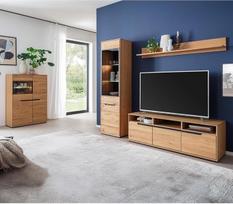 "Lomadox" namų baldų komplektas iš dalies iš ąžuolo masyvo, modernus, 4 dalių, 1 aukštoji lentyna, 1 vitrina, 1 sieninė lentyna, 1 žemoji lentyna, LED apšvietimas - medžio masyvas / natūrali mediena / fanera