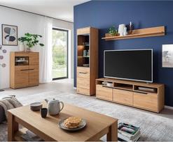 "Lomadox" namų baldų komplektas iš dalies iš ąžuolo masyvo, modernus, 5 dalių, 1 aukštoji lentyna, 1 vitrina, 1 sieninė lentyna, 1 žemoji lentyna, 1 kavos staliukas, LED apšvietimas - medžio masyvas, natūrali mediena, faneruotė