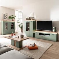 "Lomadox" svetainės kambario komplektas su TV spintelėmis ir aukštąja lenta su LED akcentiniu apšvietimu, žalias su ąžuolu, modernus 4 dalių -