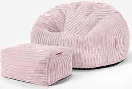 "Lounge Pug", klasikinis pupelių maišas kėdė su taburete Corduroy Pink