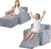 "MeMoreCool" modulinė vaikiška sofa su čiuožykla - klasikiniai pūkuoti naktinio permatomo audinio užvalkalai, universalūs kaip sofa, poilsio kambarys ar žaidimų konstrukcija, pilka Dino spalva