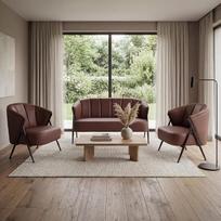 "Mendler" svetainės komplektas HWC-P30, 2 sėdimų vietų sofa, 2 foteliai, vintažinė retro pramoninė metalinė dirbtinė oda - rūdžių raudona