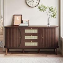"Merax Rattan Sideboard" komoda su 3 rotango stalčiais ir 2 stumdomomis durelėmis, medinė virtuvės spintelė "Buffet" su reguliuojamomis lentynomis, išlenkto viršaus dizainas, riešutmedis/140,5 x 40 x 76 cm