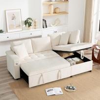 "Merax" kampinė sofa su miego funkcija, praktiška sofa-lova su lovos dėže, sofa-lova su laikymo vieta, USB įkrovimo prievadu ir porankiu, skirta svetainei / miegamajam, smėlio spalvos