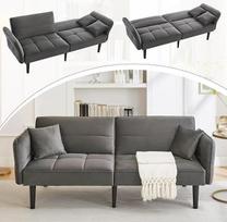 "Merax" reguliuojama dvivietė sofa-lova "2 viename" su aksomo užvalkalu, sulankstomais porankiais ir miego funkcija, medžio masyvo kojelėmis, erdvę taupančia sulankstoma konstrukcija, 2 pagalvėlės, 176 x 78 x 76 cm, antikinės pilkos spalvos