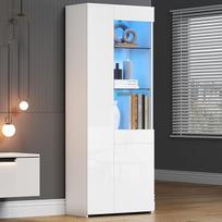 "Merax" stiklinė vitrina su LED apšvietimu, blizgi, balta, 2 spintelės, stiklinis pagrindas, stalčiai, kolekcinė vitrina, knygų spinta, stovinti vitrina svetainei, biurui, 180 cm