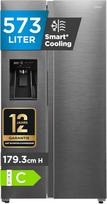 "Midea" MDRS761MYC46 Šaldytuvo ir šaldiklio derinys "Side-by-Side", be šerkšno, "3-in-1" vandens, ledo dozatorius ir vandens rezervuaras, dvigubas inverterinis kompresorius, 179,3 cm aukščio, 573 l bendro tūrio, 208 kWh per metus,