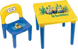 "Minions My First Activity" vaikiškas stalas ir kėdė / oficialus ikimokyklinio amžiaus vaikų rašomasis stalas ir kėdė, nuo 3 metų amžiaus, Bob/Kevin/Stuart "Le buddies" vaikiškų baldų rinkinys, tvirtas plastikas, pagamintas Prancūzijoje, geltonos/mėlynos