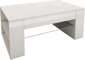 "ML-Design" blizgus baltas kavos staliukas, erdvus svetainės staliukas su stikline lentyna ir 4 skyriais šonuose, 100 x 42 x 60 cm, modernus sofos staliukas su daiktadėže, medinis staliukas,