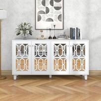 "Moimhear" balta veidrodinė spintelė su šauniomis krištolo rankenėlėmis, keturiomis durelėmis, su judančiu laminatu, skirta svetainei ir valgomajam, 160 x 40 x 84 cm