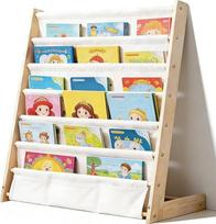 "Montessori" vaikų knygų spinta 6 lygių, vaikiška lentyna su krepšiu, vaikiška knygų saugojimo lentyna su pakreipimo apsauga, knygų spinta vaikams, sieninė lentyna vaikų kambariui ir žaidimų kambariui