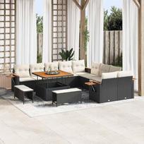 "Poly-Rattan Sofa-Set 13-teilig in Schwarz und Creme", Lauko sodo baldų rinkinys su Akazienholz-Tisch für Terrasse und Balkon