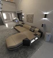 "Prato" odinė L formos sofa su LED apšvietimu, reguliuojamais galvos atlošais, šezlongu / pasirenkamos odos spalvos / pasirenkama orientacija (dešinysis otomanas, smėlio smėlio/juoda)