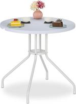 "Relaxdays" sodo stalas Apvalus balkono stalas H x D 74 x 80 cm Baltas | lauko valgomojo stalas, medžio išvaizda, plastikas ir plienas