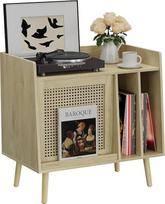 "Semiocthome" grotuvo stalas su vinilo laikymo funkcija, plokštelių stovas su rotango spintelės durelėmis ir medžio masyvo kojomis, tinkantis grotuvams. (mažas)