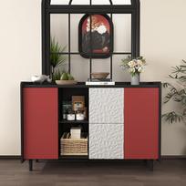 "Sideboard Buffet" spintelė, juoda spintelė su raudonomis durelėmis, 2 stalčiai su unikaliu skydo stiliumi ir 2 atviri saugojimo skyriai, moderni kavos baro spintelė, virtuvės akcento spintelė