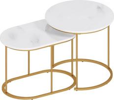 "SogesPower" 2 apvalių šoninių staliukų rinkinys "Nested Marble Look Coffee Tables", stumdomi svetainės stalai su auksinėmis kojomis