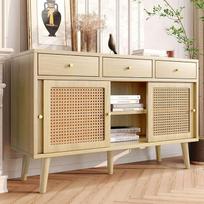 "Sweiko Sideboard", rotango komoda su 3 stalčiais ir stumdomomis durelėmis, daugiafunkcinė virtuvės spintelė, valgomojo stalas su medžio masyvo kojomis, universali spintelė su reguliuojama lentyna (ąžuolas)