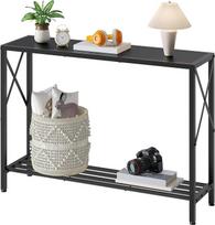 "Tajsoon Console Table", 2 pakopų prieškambario staliukas, 106 cm ilgio, siauras sofos staliukas su lentynomis, prieškambario, įėjimo, svetainės, fojė, koridoriaus, biuro staliukas, juodas
