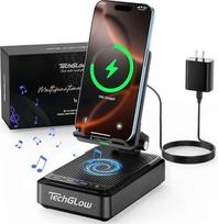 "TechGlow" "Bluetooth" garsiakalbis su telefono stovu ir belaidžiu įkrovikliu, suderinamas su "iPhone" 16, 15, 14, 13 Pro, XS, 8 Plus, "Samsung Galaxy S25, S24, S23, Note 20, gimtadienio dovana