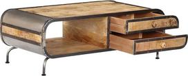 "Tidyard" kavos staliukas 100 x 50 x 35 cm (D x Š x V) su 2 stalčiais ir 1 skyreliu | Dizaino svetainės staliukas Country House Style | Medinis staliukas Geležinis rėmas | Kaimiškas stalčių staliukas Mango masyvo mediena