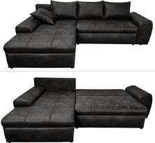 "Vintage" kampinė sofa su miego funkcija ir lovos dėže W266/D186/H90 cm, "Wave Undersuspension", "Ottoman Left", jauki poilsio sofa su mikropluošto audiniu, odos išvaizdos, juoda / 18016