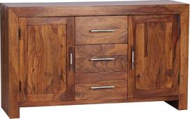 "Wohnling Sideboard" medžio masyvo šešamedžio komoda 118 cm 3 stalčiai 2 durys Dizainas Highboard Kaimo namų stilius Ruda natūrali