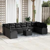 10-teiliges Gartensofa-Set mit Kissen in Schwarz aus Poly-Rattan - Gartenmöbel-Set 10 Stück für Outdoor-Bereich als komfortable Sofa-Garnitur