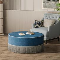100 cm apvali "Pouf" taburetė "Ottoman" kavos staliukas svetainei, didelis aksominis minkštasuolis miegamajam ir drabužinei, modernus minkštasuolis su kutais (mėlynas)