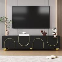 170 cm TV spintelė su 4 tekstūruotomis durelėmis, TV lenta su auksinėmis apvaliomis kojelėmis, TV spintelė svetainei, TV spintelė, su lentynomis, auksiniai papuošimai, juoda
