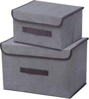 2 pilkos pilkos sulankstomos saugojimo dėžės su dangčiu (26 cm/1 pakuotė + 36 cm/1 pakuotė), lino audinio sulankstomas saugojimo krepšys su atlenkiamu dangčiu ir rankenomis, drabužių antklodės dėžė namams, drabužių spinta