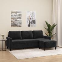 3201060 3-vietė sofa su taburete, juoda, 180 cm, aksomas, poilsio sofa, sofos ir kušetės, poilsio sofa, svetainės sofa, miegamoji sofa, sofa su miego funkcija